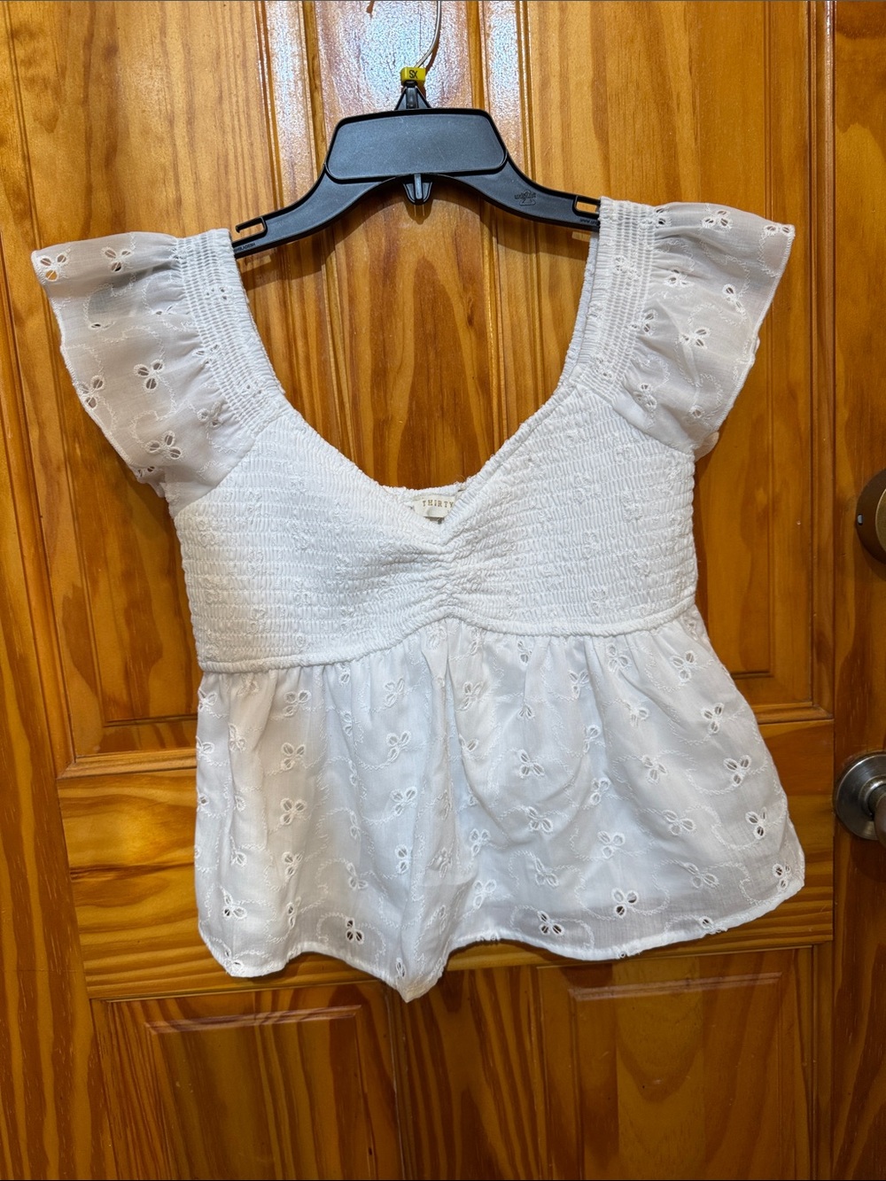 White Eyelet Smocked Flutter-Sleeve Peplum Top